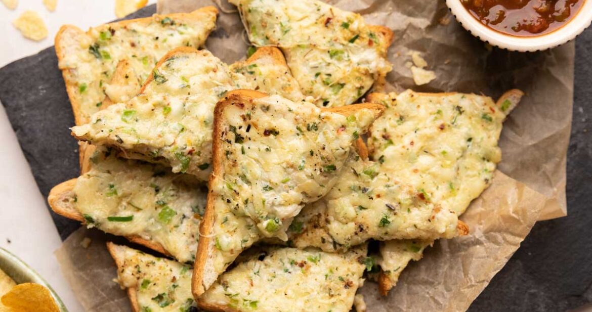 Chilli cheese garlic toasts straight from the pan on a platter