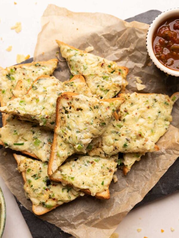 Chilli cheese garlic toasts straight from the pan on a platter