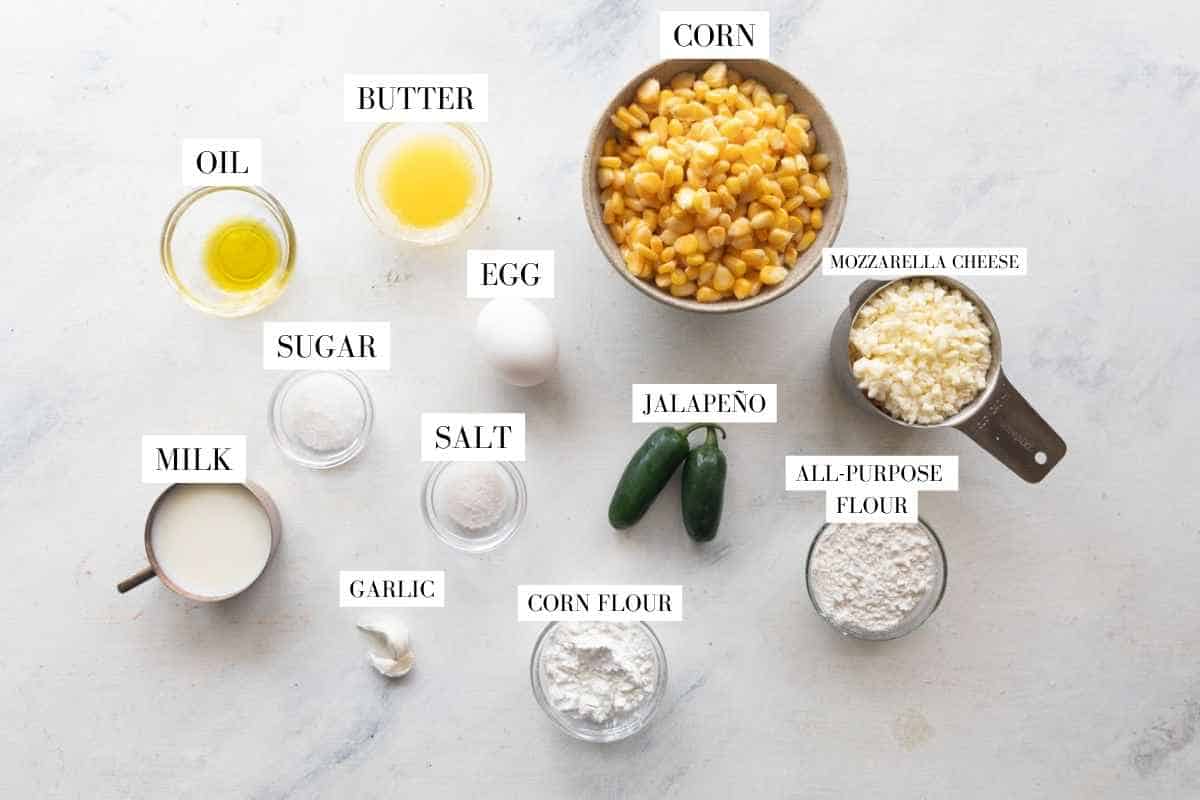 Picture of all the ingredients for Cachapas with text to identify them