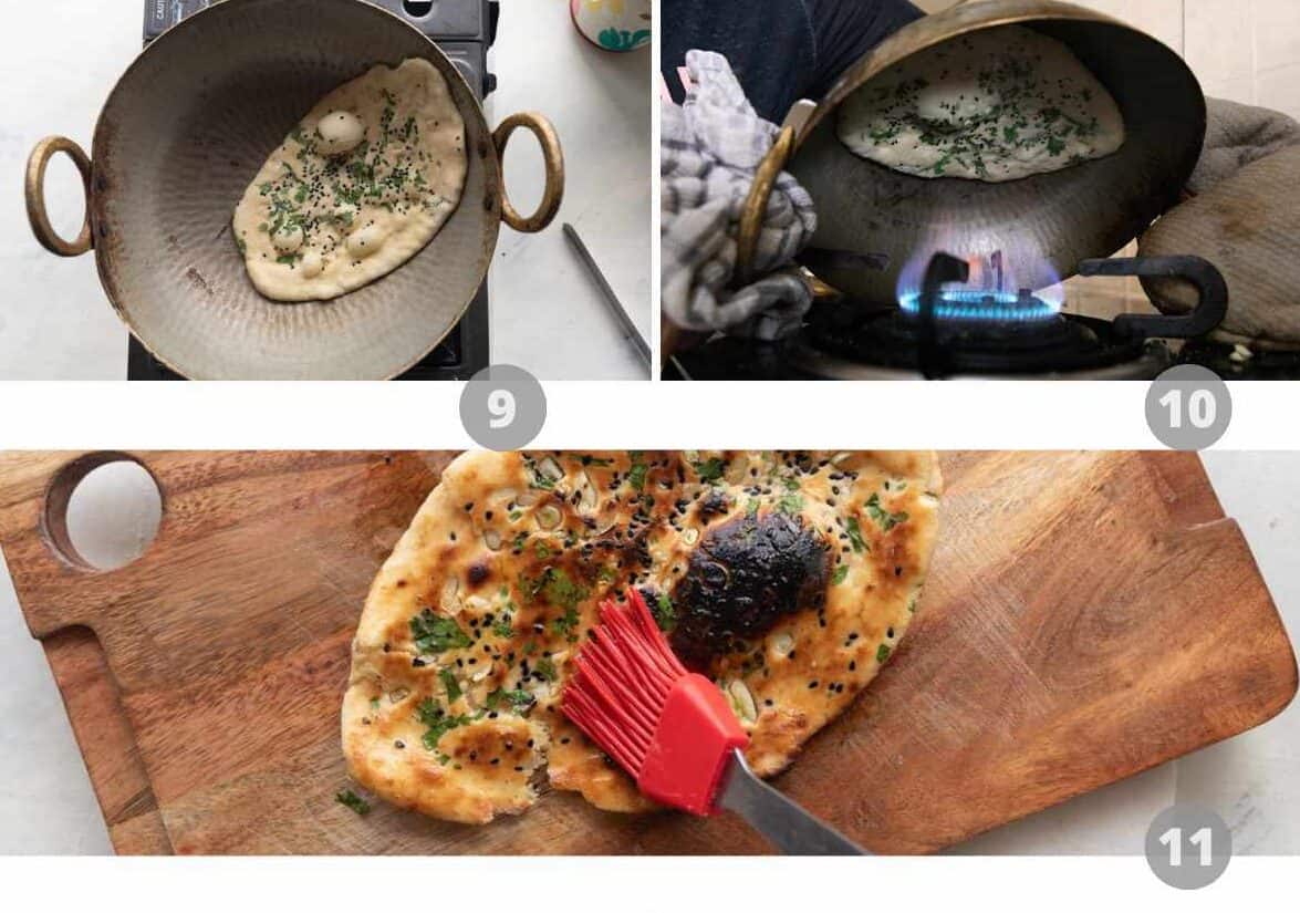 Step by step picture collage showing how to make garlic naan
