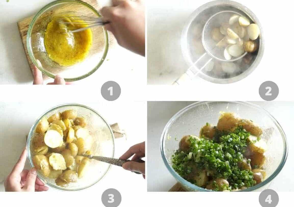 Step by step picture collage showing how to make healthy lemon dill potato salad