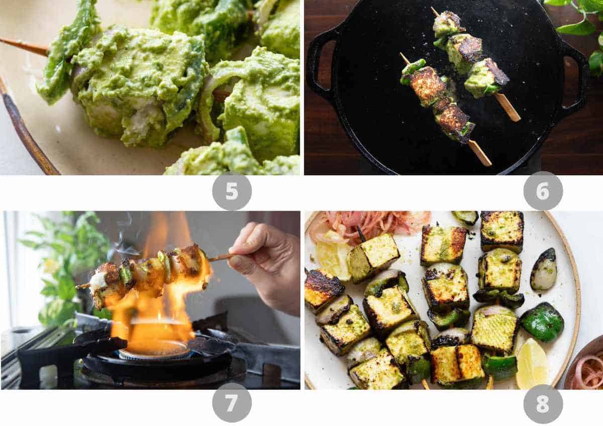 Step by step picture collage showing how to make hariyali paneer tikka
