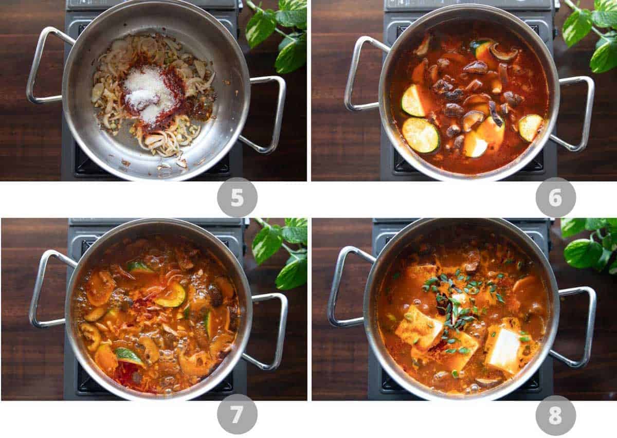 Step by step picture collage showing how to make Korean stew