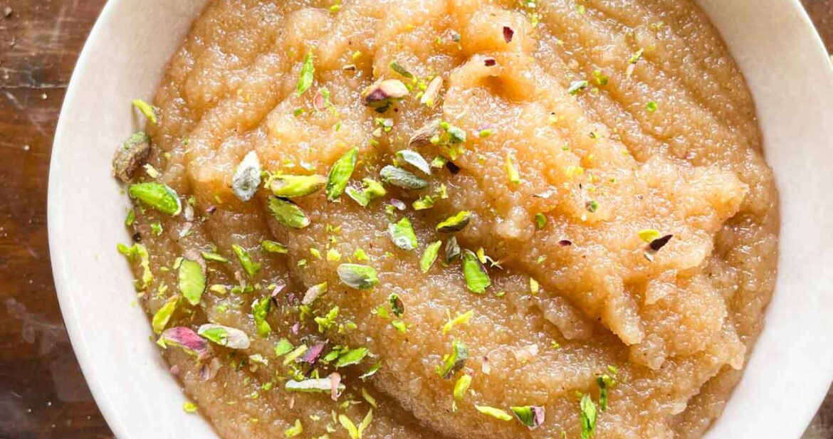 Sooji Halwa topped with sliced pista and served in a bowl