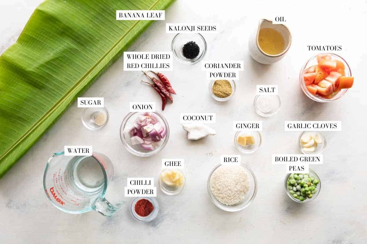 Picture of all the ingredients for Patra Rice with text to identify them
