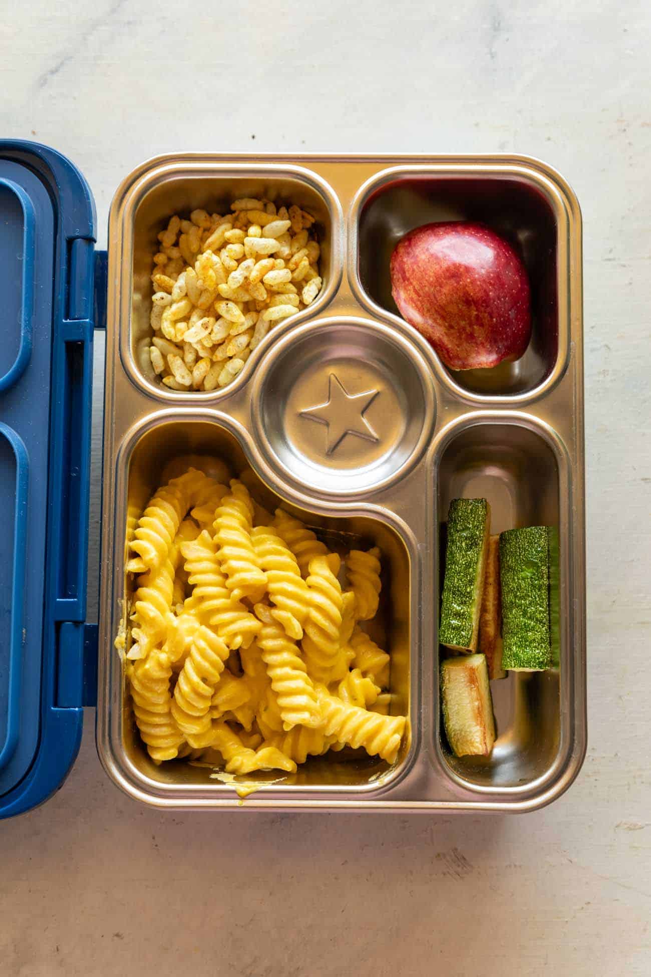 Carrot Pasta and various other things in a kids lunch box