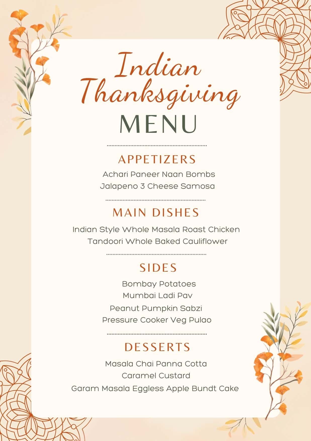 Printable version of an Indian inspired Thanksgiving menu