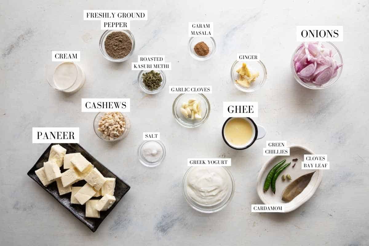 Picture of all the ingredients for paneer kali mirch with text to identify them