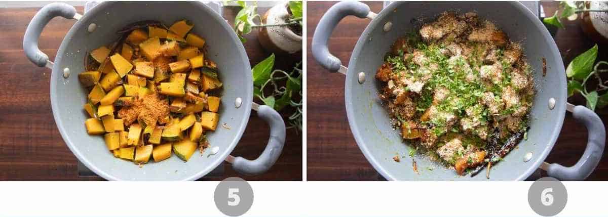 step by step image collage showing how to make peanut pumpkin sabzi