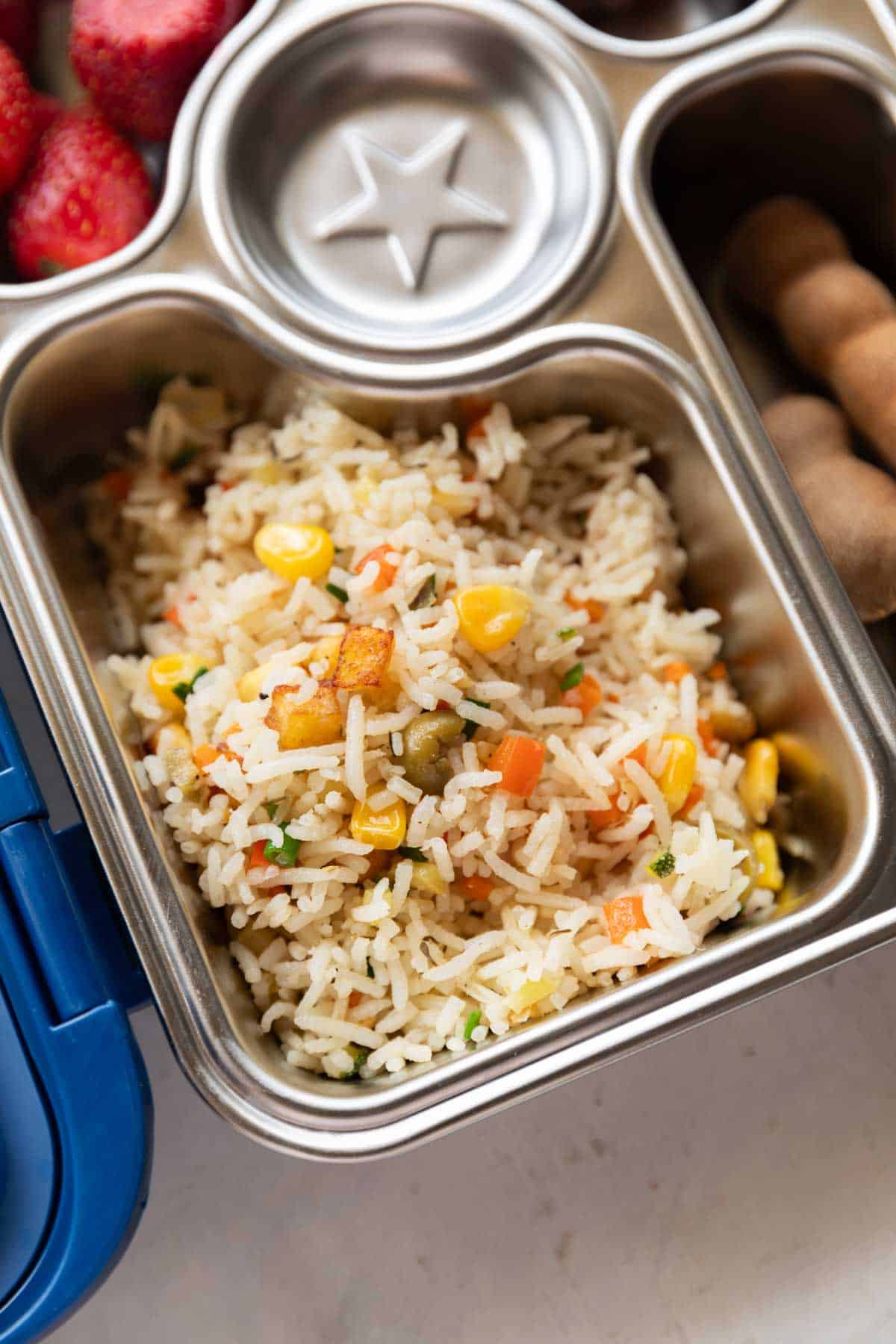 shot of colourful rainbow rice in a steel tiffin or lunch box