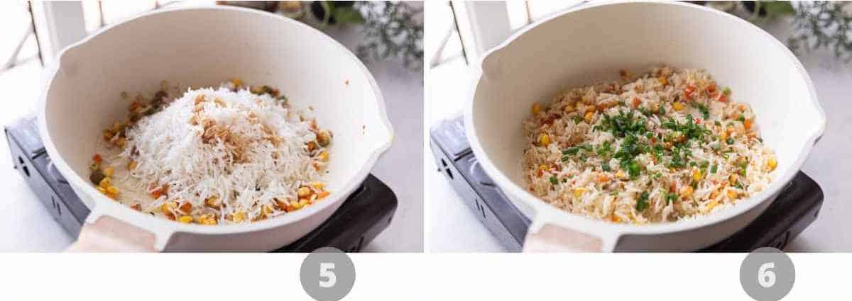 Step by step picture collage showing how to make Rainbow Rice