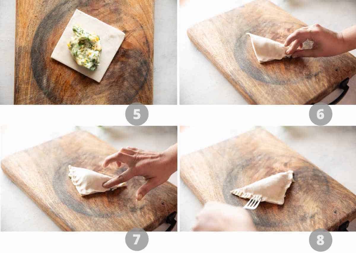 Step by step picture collage showing how to make Corn Spinach Puffs