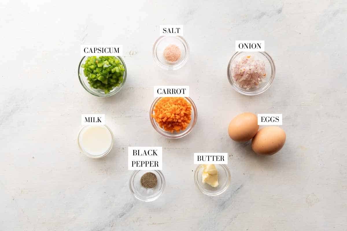Picture of all the ingredients for Korean Omelette with text to identify them