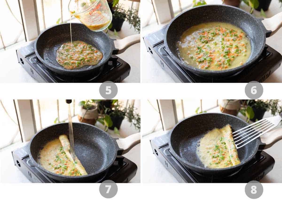 Step by step picture collage showing how to make korean omelette