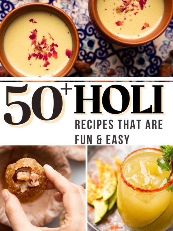 Photo collage showing a few pictures of holi recipes with text overlay