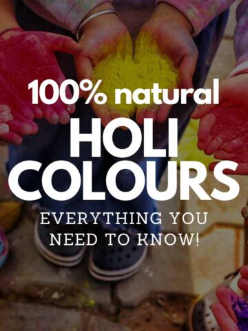 picture of kids holding holi colours with text overlay