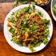 spicy chicken cucumber salad served on a white plate with accompaniments