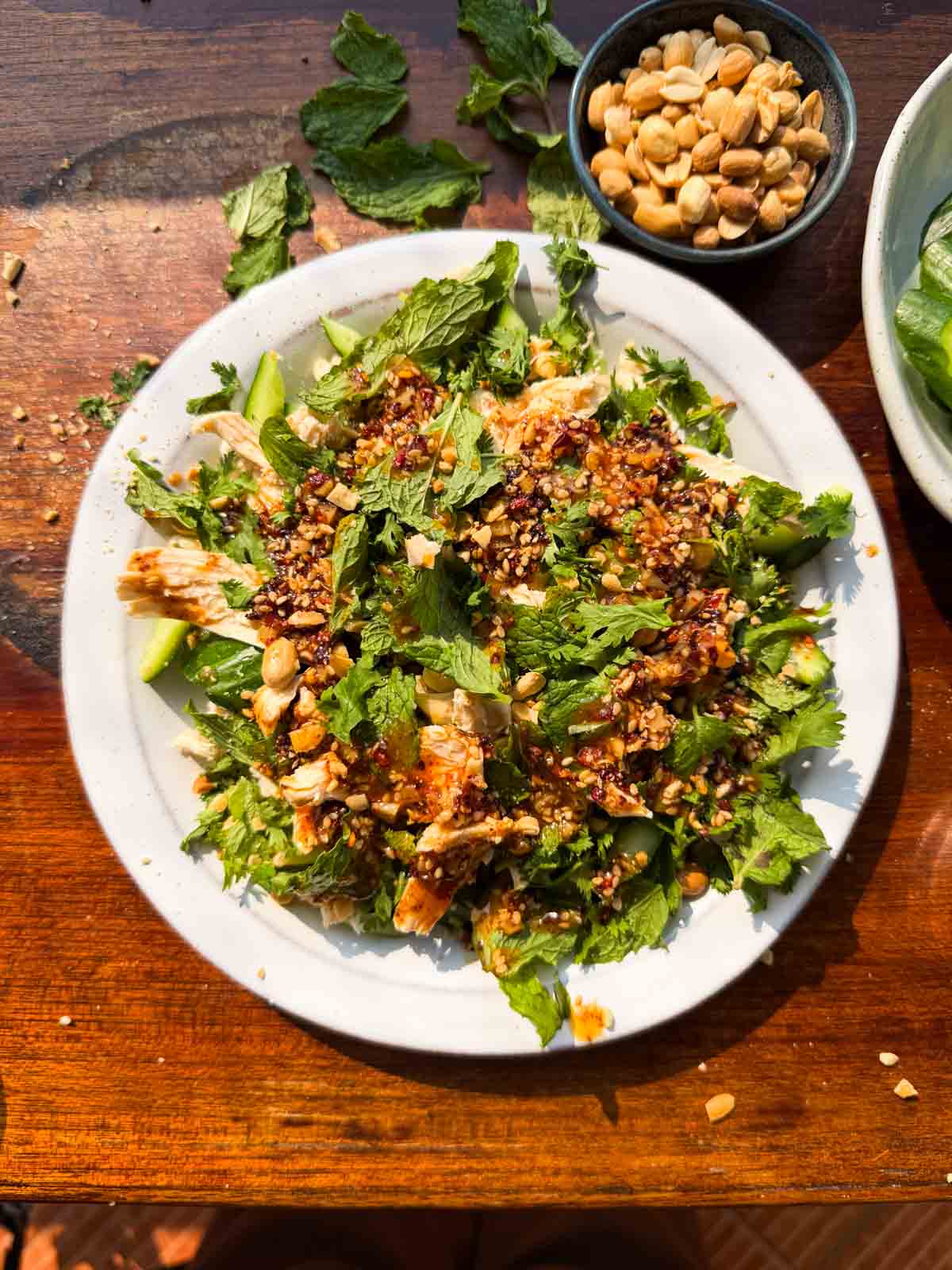 spicy chicken cucumber salad served on a white plate with accompaniments