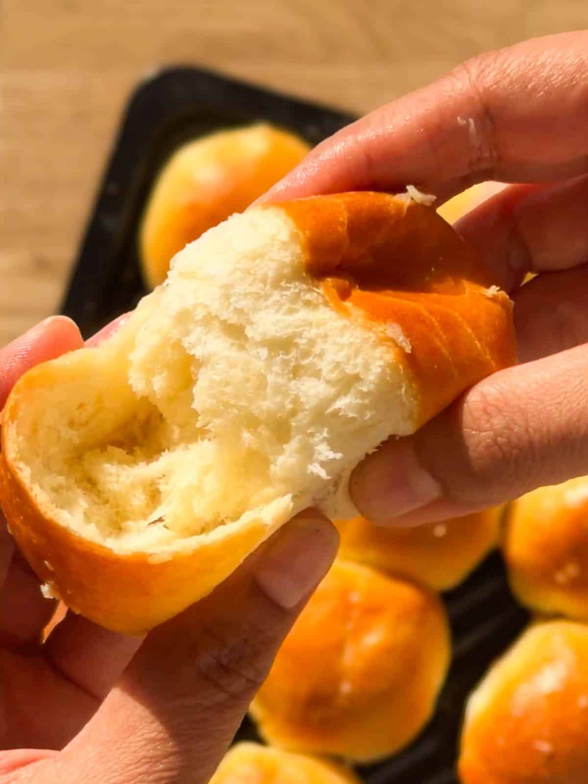 an air fryer dinner broken in half to showcase it's soft and fluffy interior