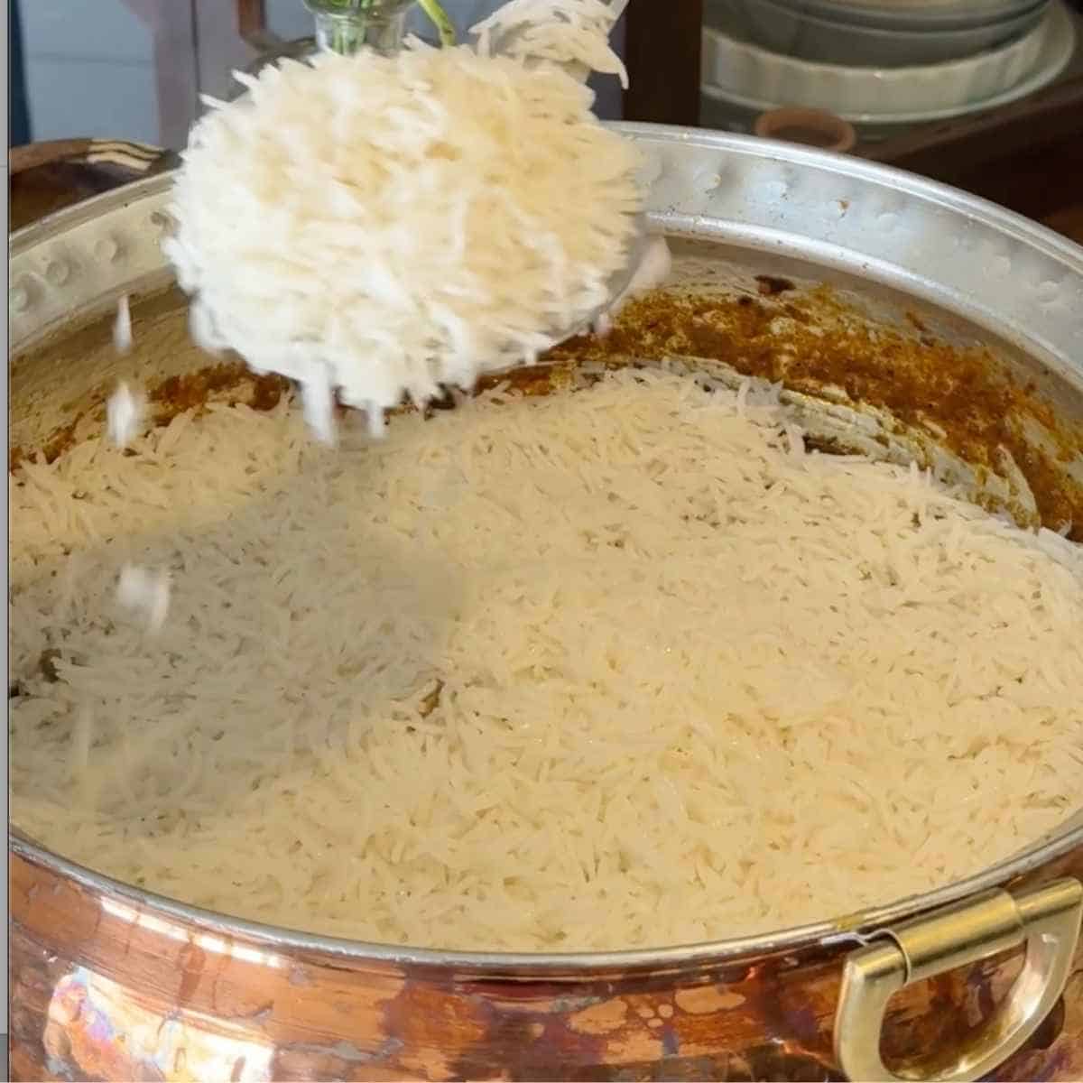 mushroom biryani step 5 - layering biryani