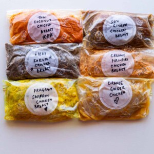 6 marinated chicken breasts stored in labelled zip lock bags