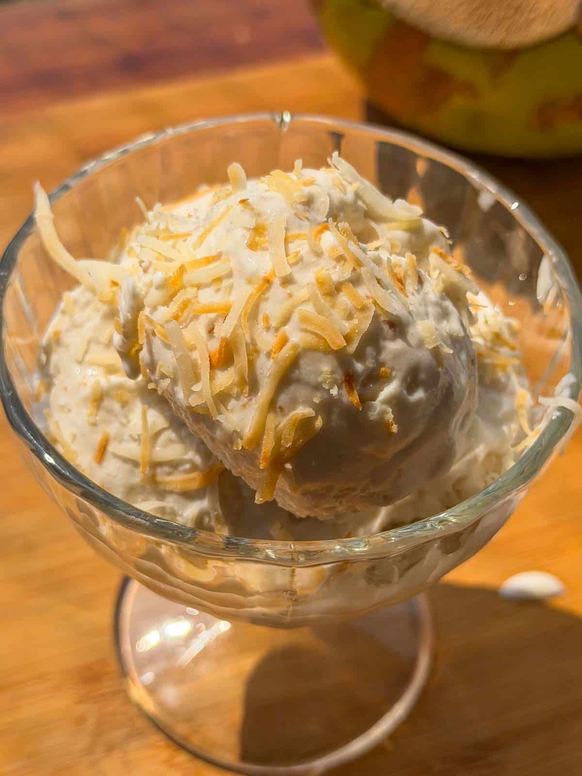 a close up image of tender coconut ice cream to showcase it's creamy texrture