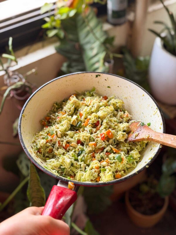 thecha paneer fried rice still in the cooking pan ready to be served