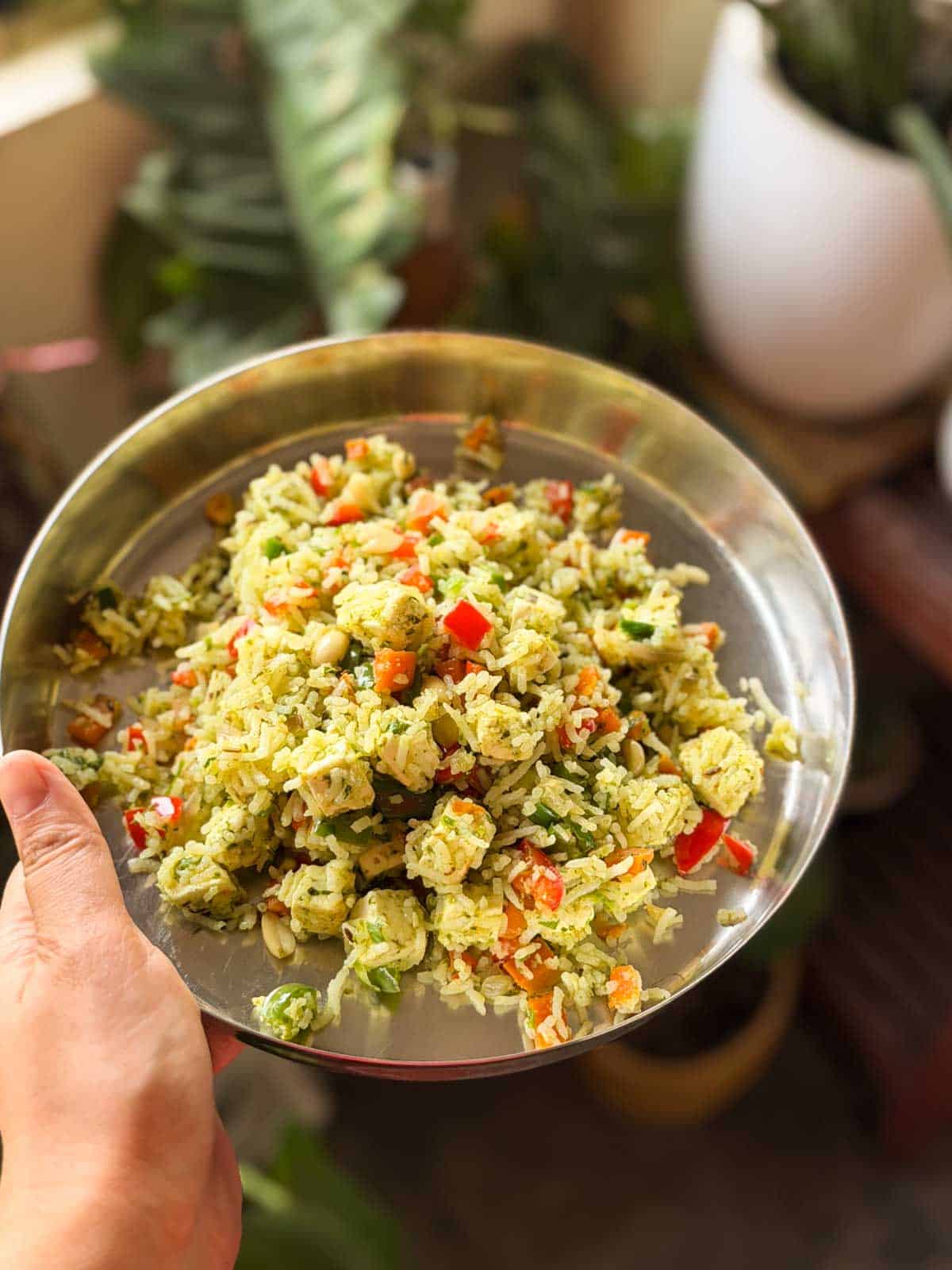 thecha paneer fried rice served in a steel plate