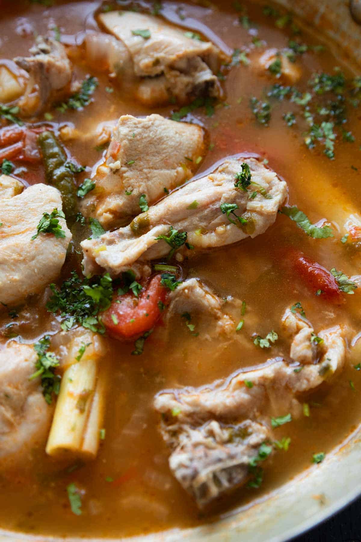 a close up image of zero oil chicken curry with potatoes to showcase its color and texture