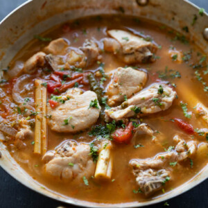 zero oil chicken curry with potatoes in a kadai ready to be served