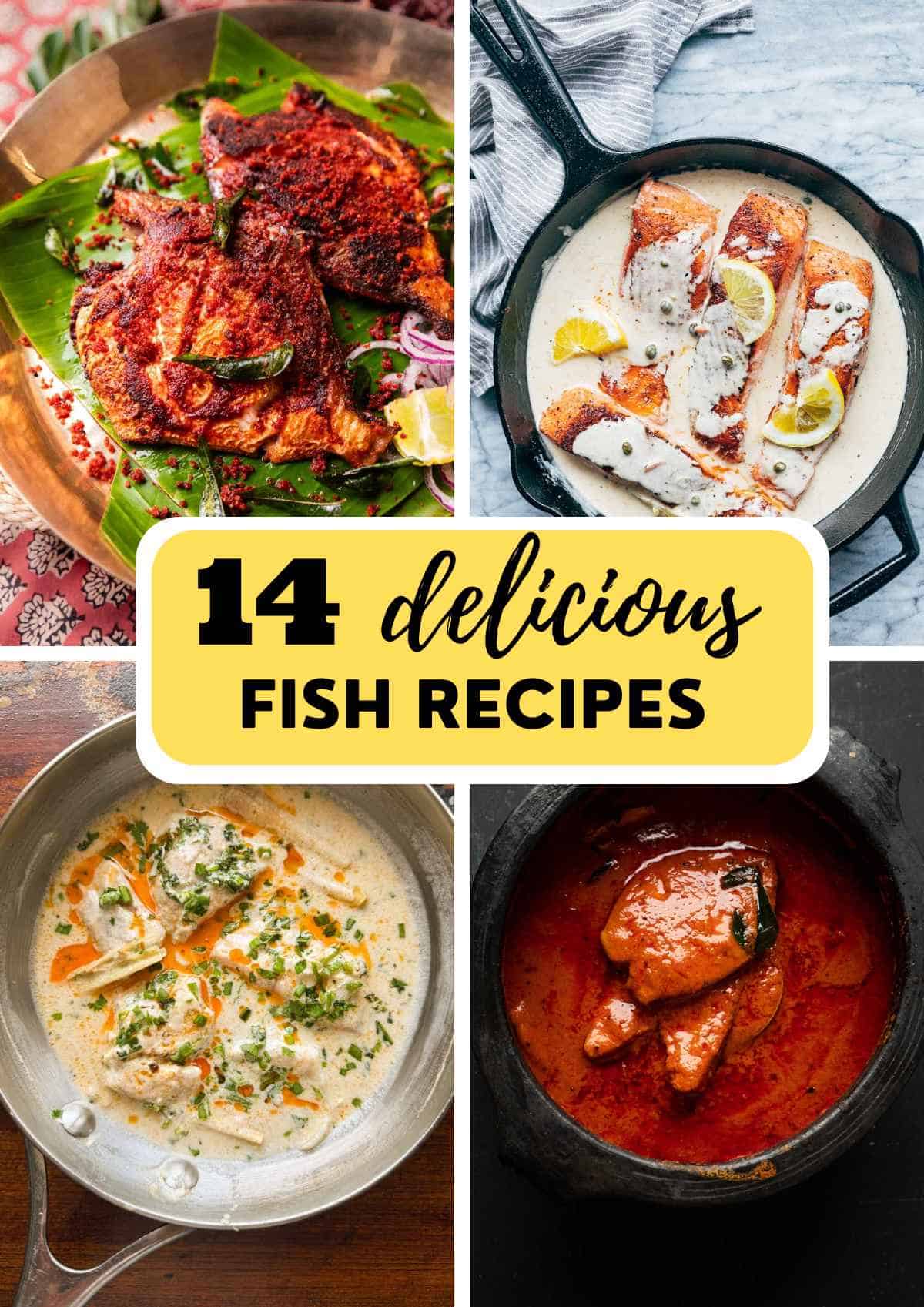 a collage of 4 fish recipes with text overlay  