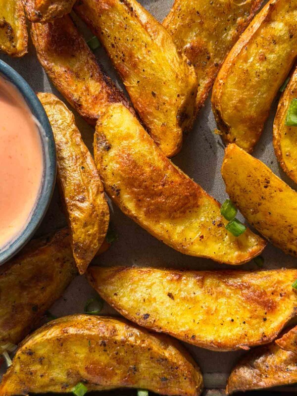 air fryer potato wedges with an accompanying dip