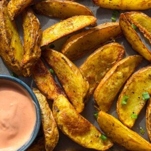 air fryer potato wedges with an accompanying dip