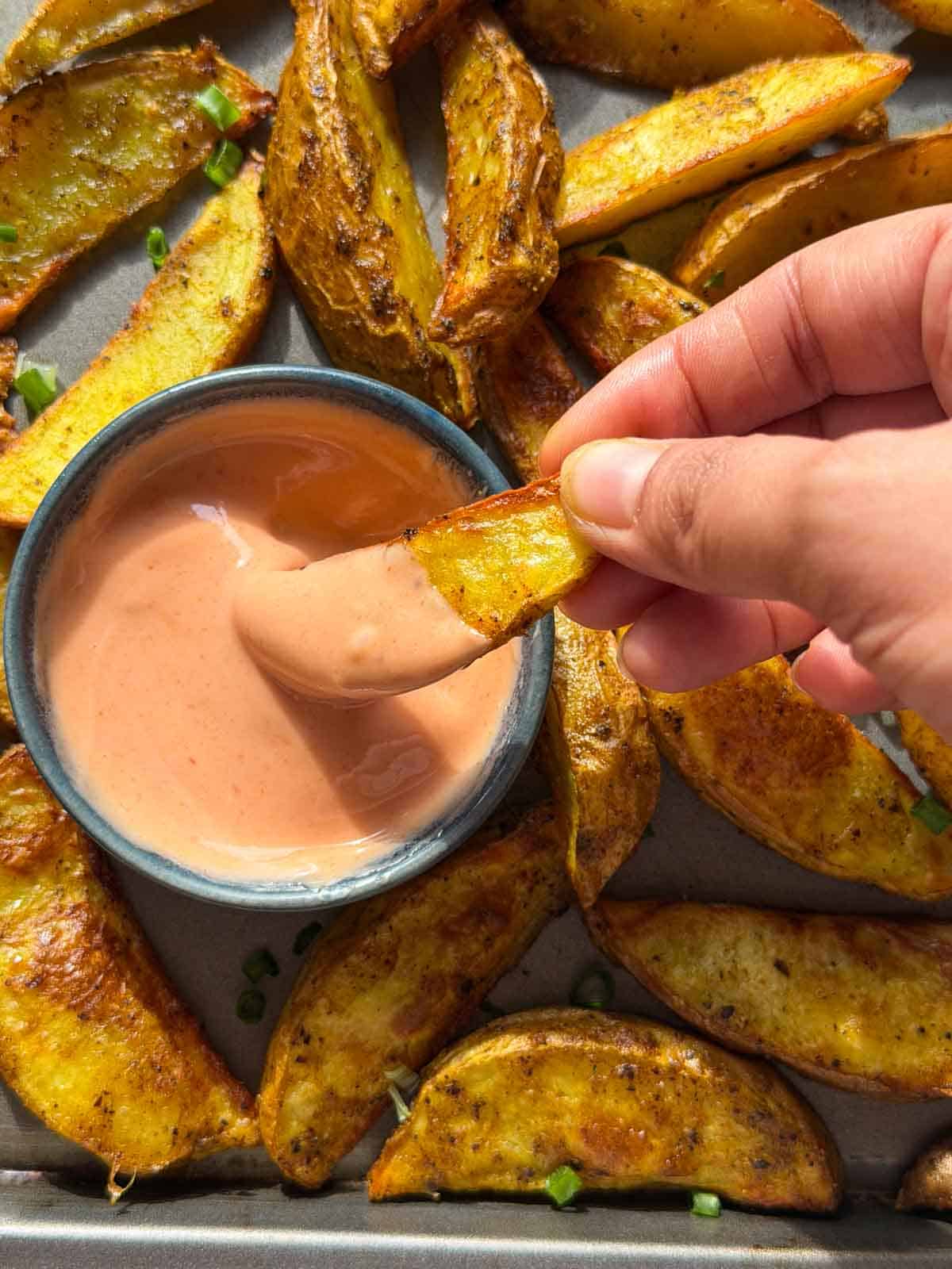 air fryer potato wedges with an accompanying dip