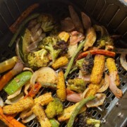 air fryer roasted veggies in the air fryer basket