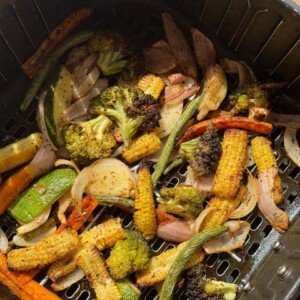 air fryer roasted veggies in the air fryer basket