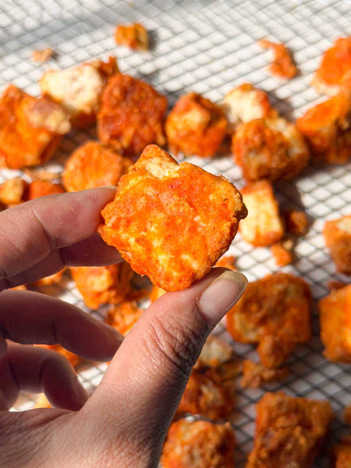 a person holding an air fried tofu to showcase it's color and crispy texture