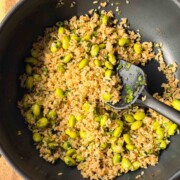 edamame garlic rice in the frying pan ready to be served