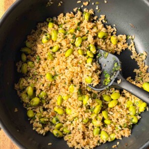 edamame garlic rice in the frying pan ready to be served
