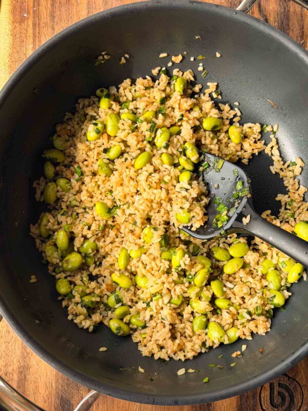 edamame garlic rice in the frying pan ready to be served
