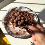 a person holding a piece of makhana chocolate bark